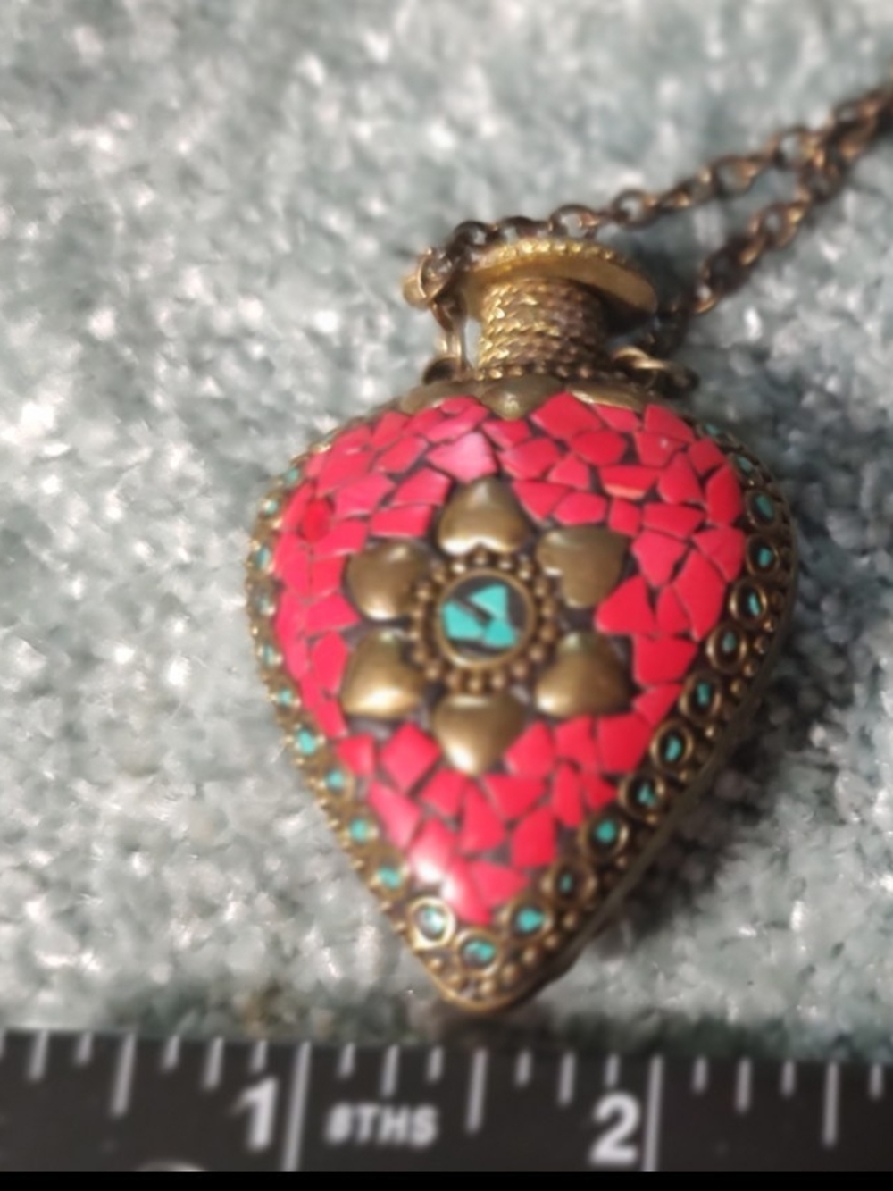 Mosaic Perfume Bottle Necklace Antiqued Bronze Egyptian Revival Coral
